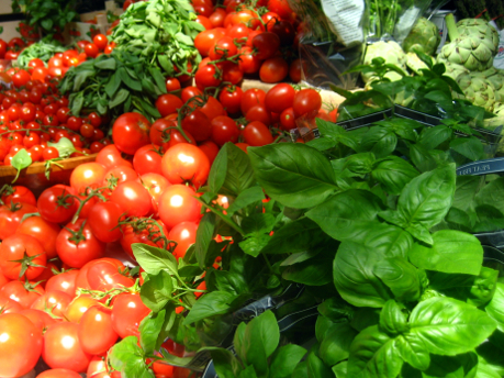 A spread of basil and tomatoes